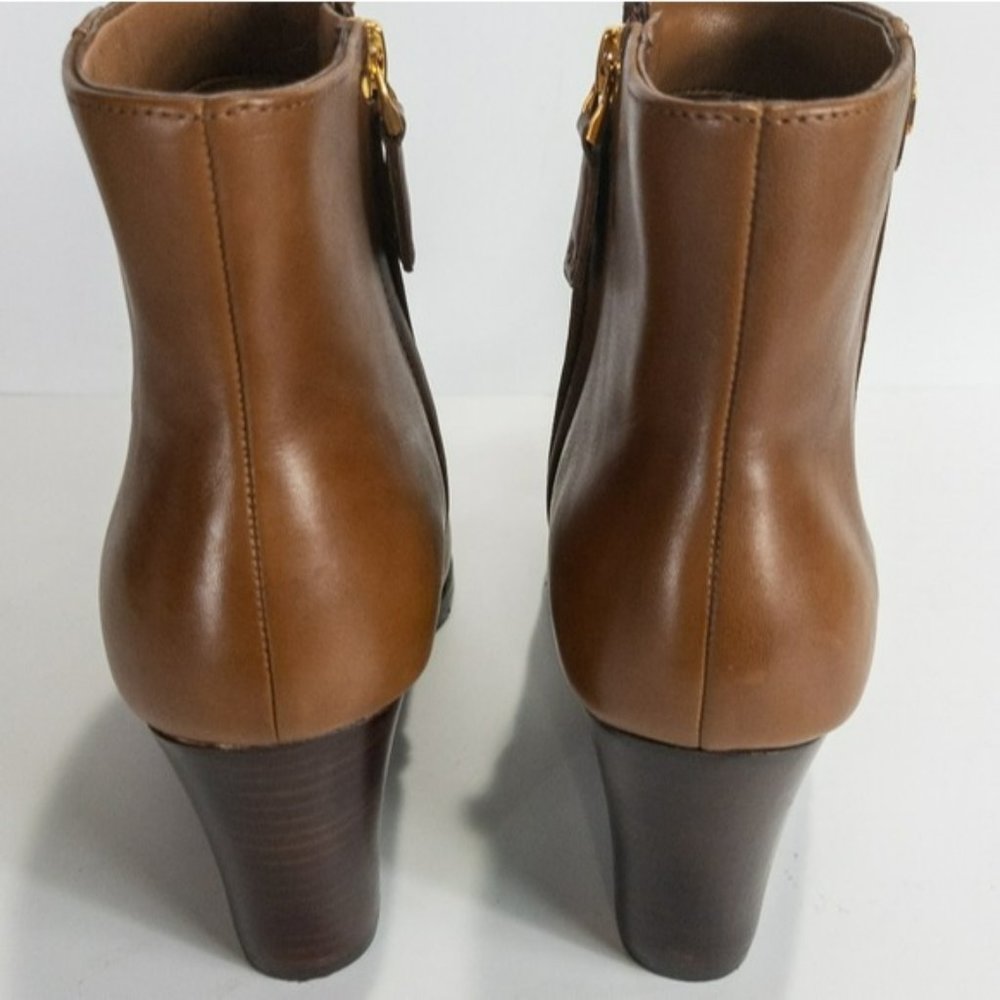 LAUREN Ralph Lauren Shaley Calfskin Wedge Bootie Deep Saddle Tan -7.5 - Picture 10 of 10